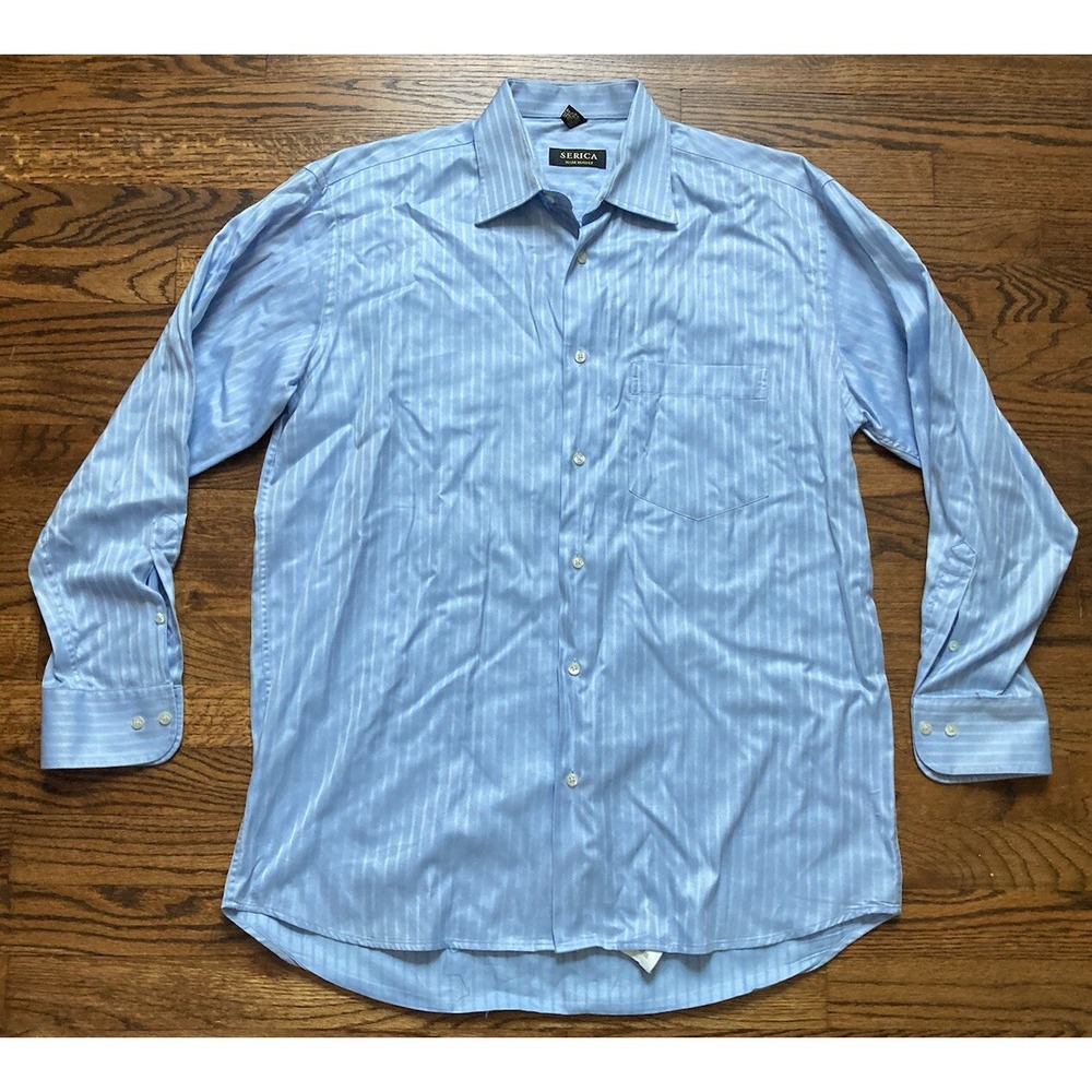 SERICA Mens Button Up Dress Shirt Sz 15.5 Made In Italy Cotton Blue Long Sleeve